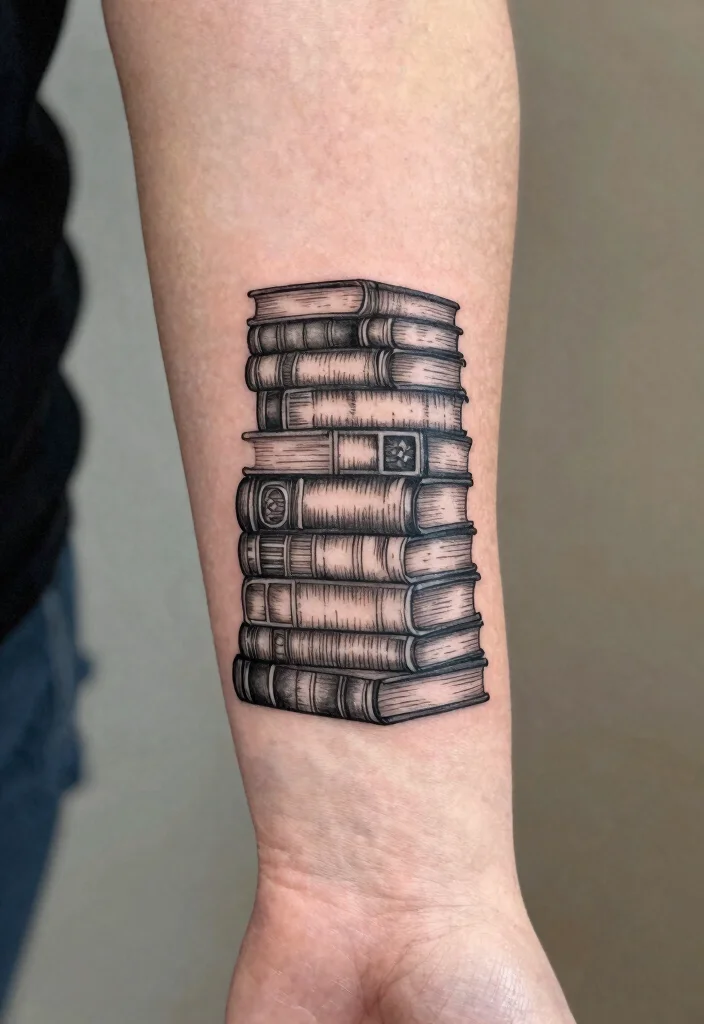 10 Fine Line Book Tattoo Ideas for Readers and Creatives 1 10 Fine Line Book Tattoo Ideas for Readers and Creatives - 1. The Classic Book Stack 1