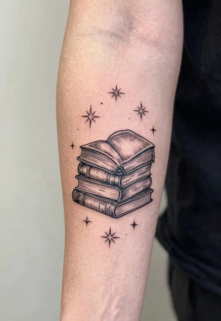 10 Fine Line Book Tattoo Ideas for Readers and Creatives 100 10 Fine Line Book Tattoo Ideas for Readers and Creatives - 10. Books and Stars 1