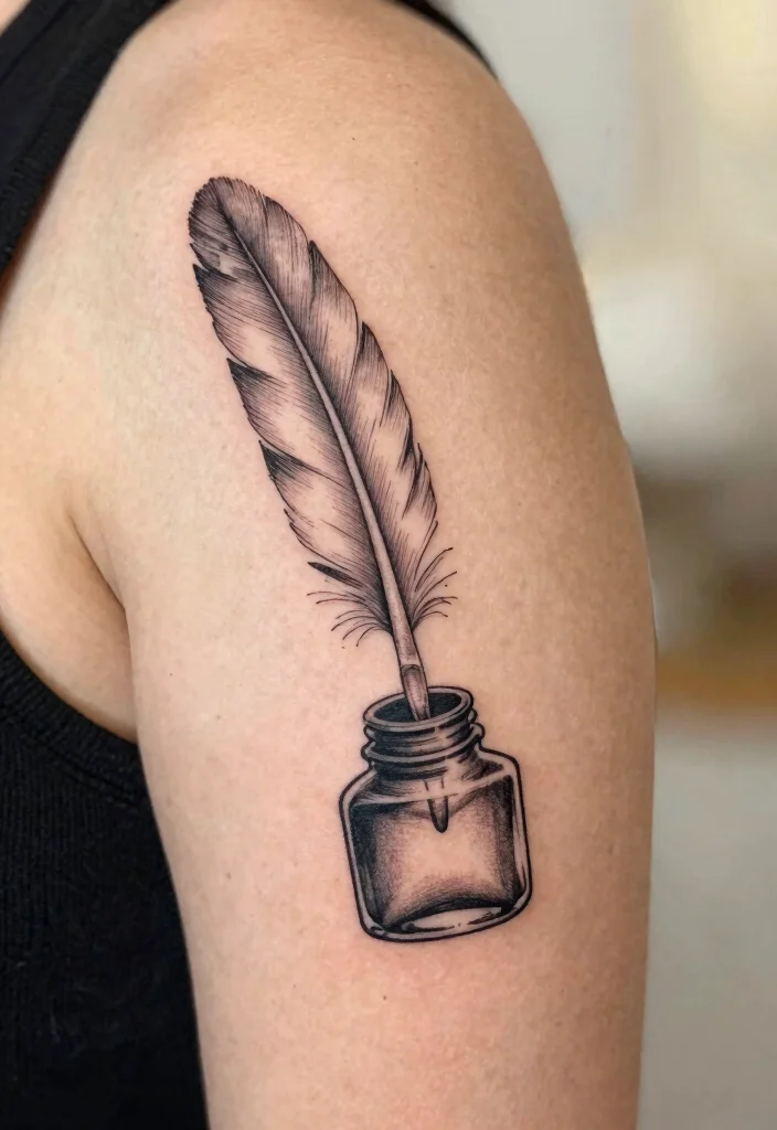 10 Fine Line Book Tattoo Ideas for Readers and Creatives 23 10 Fine Line Book Tattoo Ideas for Readers and Creatives - 3. Minimalist Quill and Ink 1