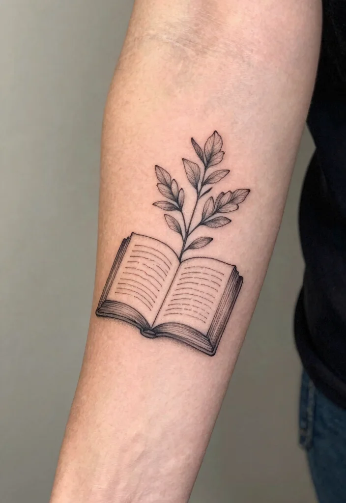 10 Fine Line Book Tattoo Ideas for Readers and Creatives 56 10 Fine Line Book Tattoo Ideas for Readers and Creatives - 6. A Book with a Plant 1