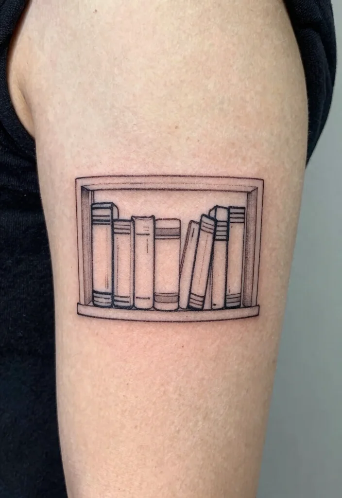 10 Fine Line Book Tattoo Ideas for Readers and Creatives 78 10 Fine Line Book Tattoo Ideas for Readers and Creatives - 8. Minimalist Library Shelf 1