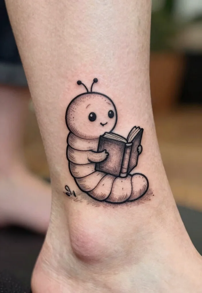 10 Fine Line Book Tattoo Ideas for Readers and Creatives 89 10 Fine Line Book Tattoo Ideas for Readers and Creatives - 9. Small Bookworm Character 1