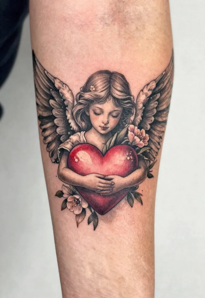 10 I Was His Angel Now Hes Mine Tattoo Ideas With Deep Meaning 1. Angel Wings Embracing a Heart 0