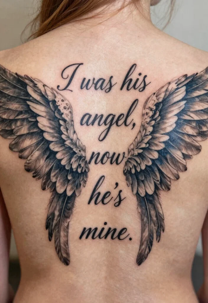 10 I Was His Angel Now Hes Mine Tattoo Ideas With Deep Meaning 3. Angel Wings with a Quote 0