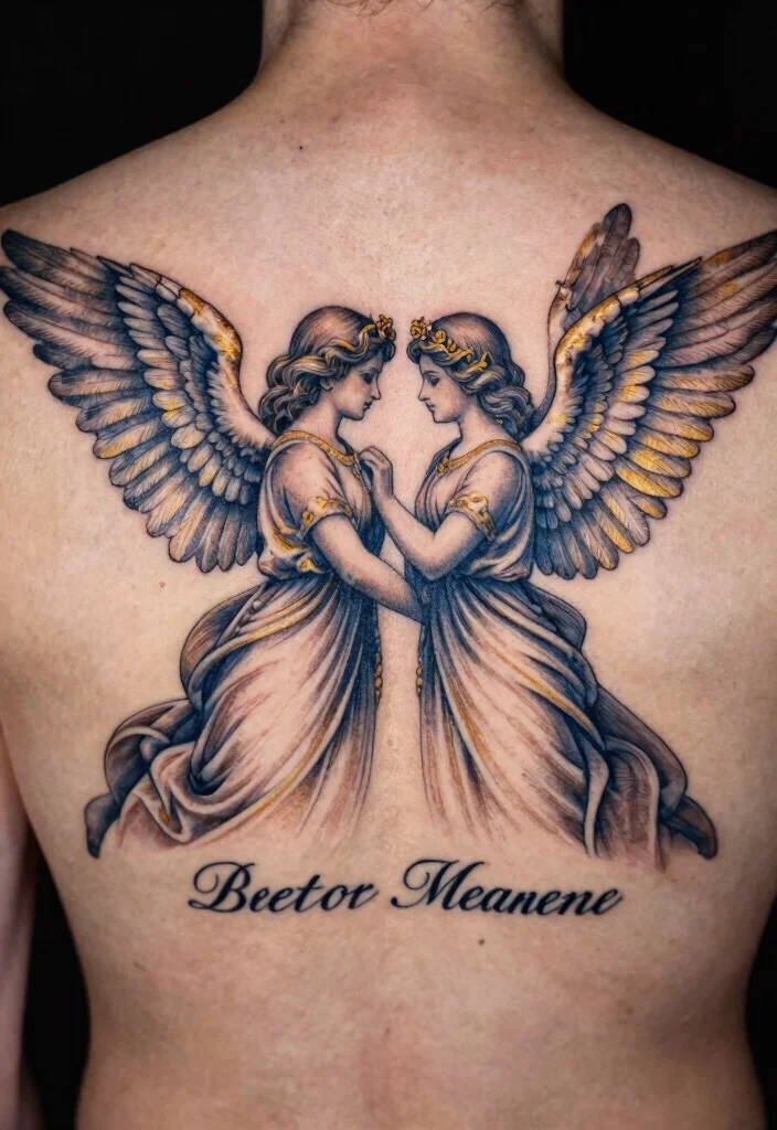 10 I Was His Angel Now Hes Mine Tattoo Ideas With Deep Meaning 5. Dual Angels with Intertwined Names 0