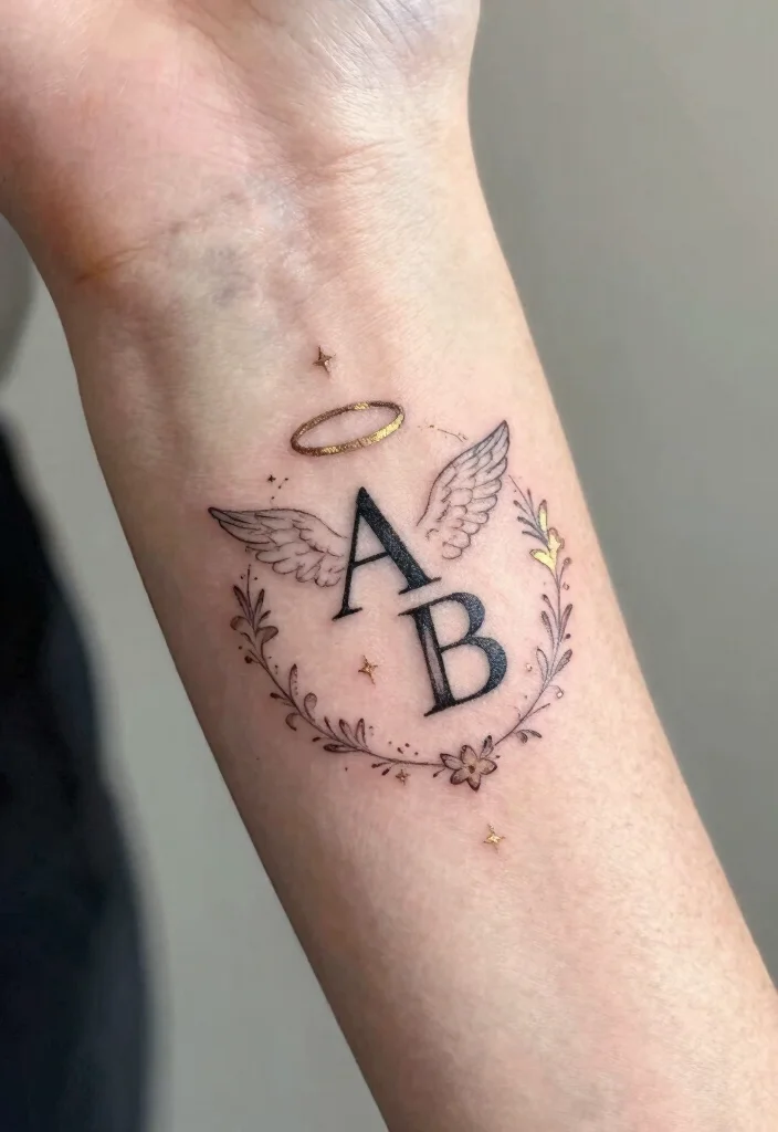 10 I Was His Angel Now Hes Mine Tattoo Ideas With Deep Meaning 7. Angel Halo with Initials 0