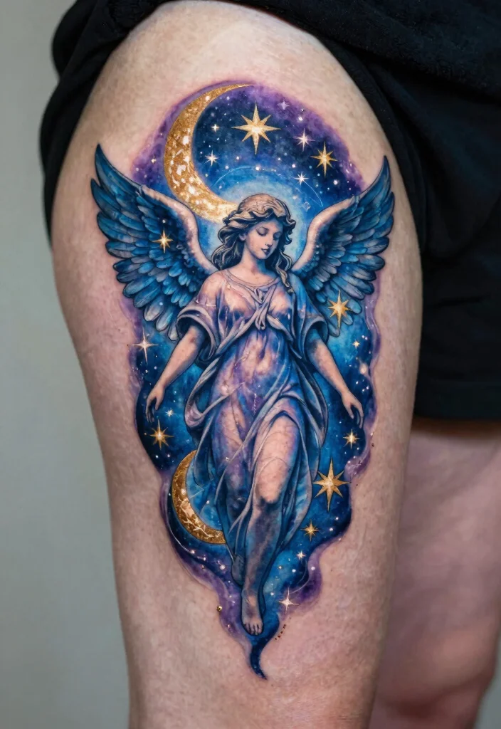 10 I Was His Angel Now Hes Mine Tattoo Ideas With Deep Meaning 8. Celestial Angel Theme 0