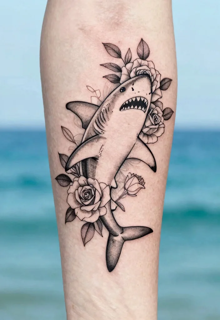 10 Fine Line Shark Tattoo Ideas: Sleek, Minimal, and Symbolic - 10. The Shark with Roses