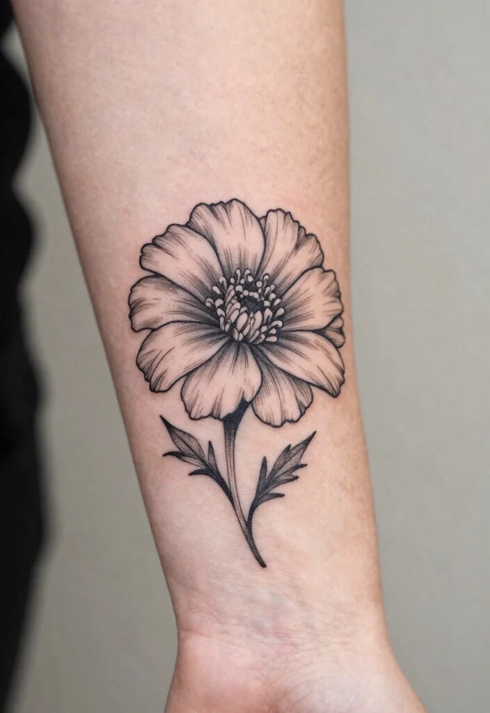 12 Black and White Marigold Flower Tattoo Ideas Elegant 1 12 Black and White Marigold Flower Tattoo Ideas Elegant 1. Minimalist Marigold Outline 0