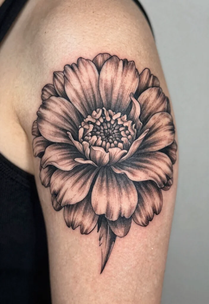12 Black and White Marigold Flower Tattoo Ideas Elegant 12 12 Black and White Marigold Flower Tattoo Ideas Elegant 2. Intricate Petal Design 0