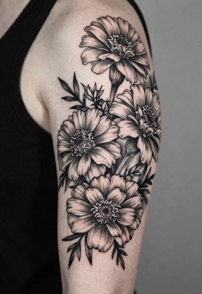 12 Black and White Marigold Flower Tattoo Ideas Elegant 34 12 Black and White Marigold Flower Tattoo Ideas Elegant 4. Half Sleeve Marigold Arrangement 0