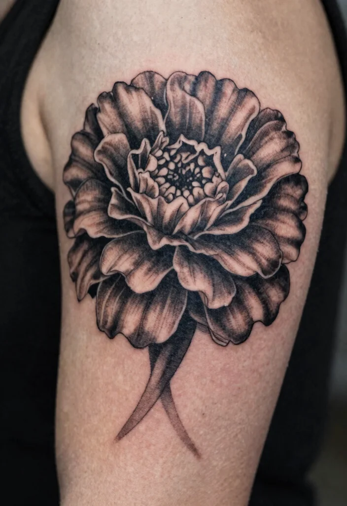 12 Black and White Marigold Flower Tattoo Ideas Elegant 67 12 Black and White Marigold Flower Tattoo Ideas Elegant 7. Shadow Play Marigold Tattoo 0