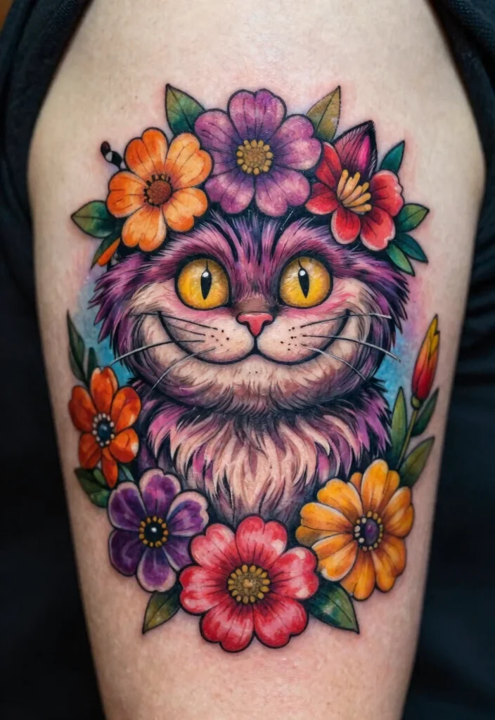 12 Cheshire Cat Tattoo Ideas Inspired by Alice in Wonderland 12. Whimsical Flower Crown 0