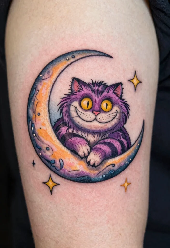 12 Cheshire Cat Tattoo Ideas Inspired by Alice in Wonderland 5. Cat in the Moon 0