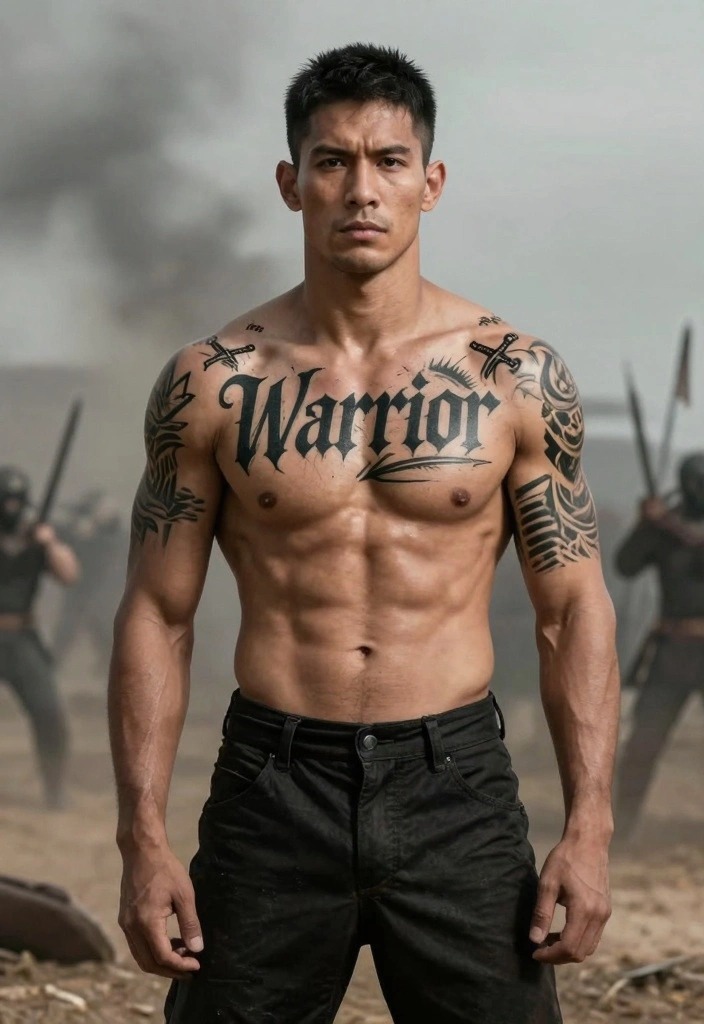 12 Chest Word Tattoo Ideas for Men: Bold and Masculine - 8. Warrior 1