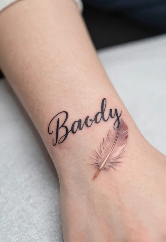 12 Child Name Tattoo Ideas With Elegant Placement Options - 11. Name with a Feather 1