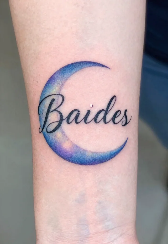 12 Child Name Tattoo Ideas With Elegant Placement Options - 12. Name and Moon Design 1