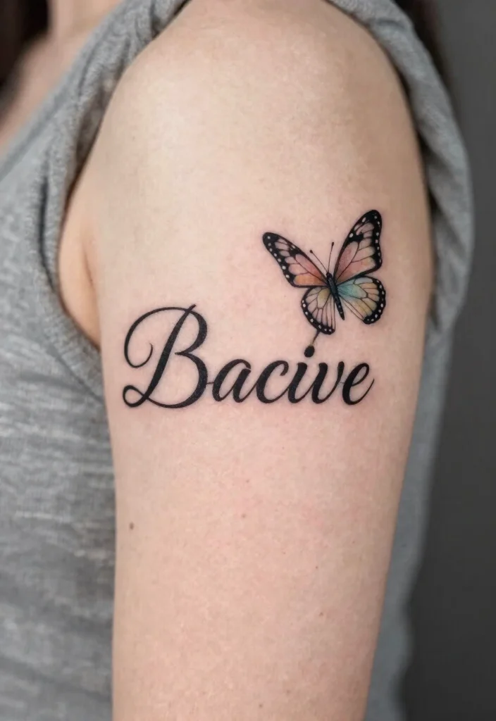 12 Child Name Tattoo Ideas With Elegant Placement Options - 7. Name with a Butterfly Design 1