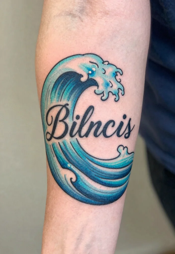 12 Child Name Tattoo Ideas With Elegant Placement Options - 8. Name in a Wave Design 1