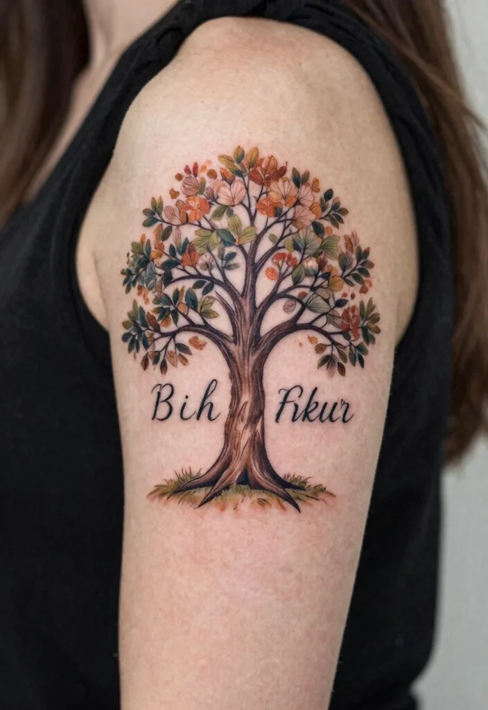 12 Child Name Tattoo Ideas With Elegant Placement Options - 9. Names with a Tree Design 1