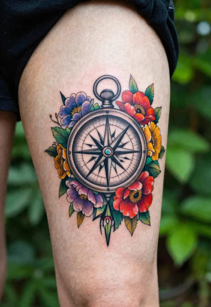 12 Compass Couple Tattoo Ideas: Symbolic and Romantic - 11. Compass with Floral Elements 1