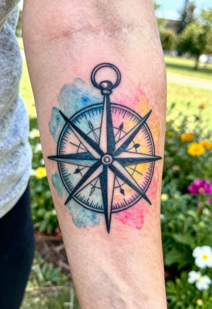 12 Compass Couple Tattoo Ideas: Symbolic and Romantic - 2. Watercolor Compass 1