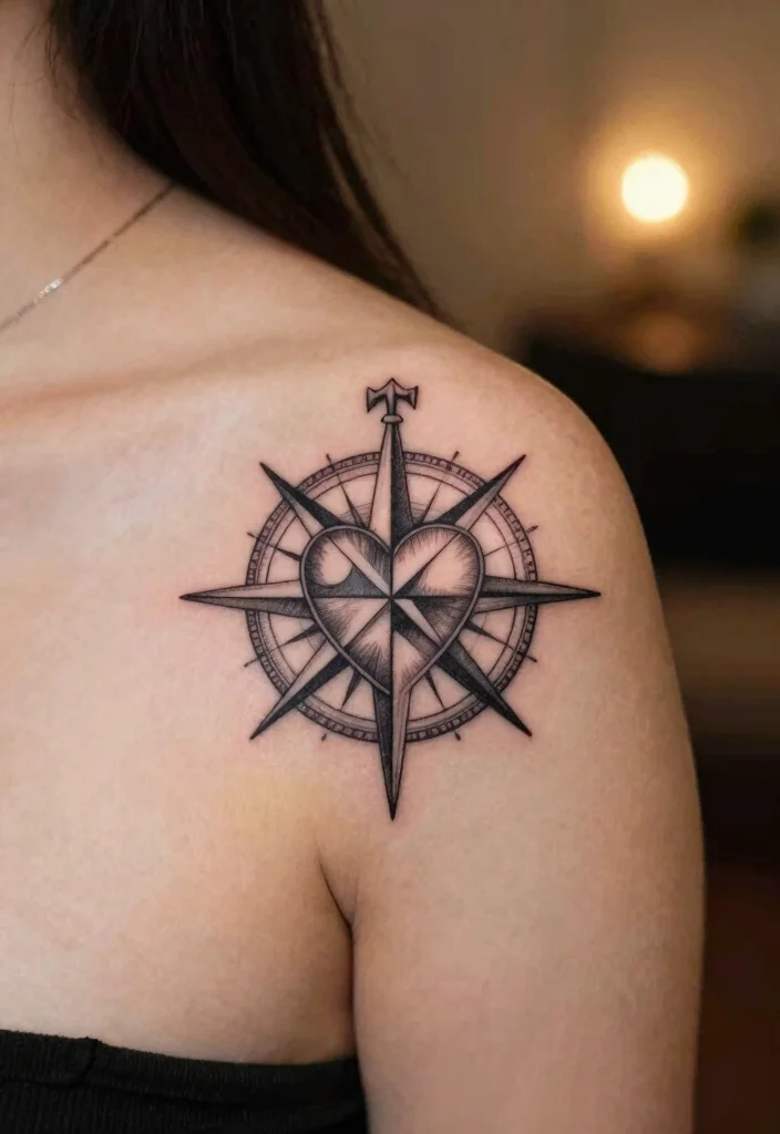 12 Compass Couple Tattoo Ideas: Symbolic and Romantic - 5. Compass with a Heart 1