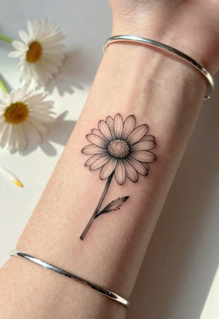 12 Daisy and Sweet Pea Birth Flower Tattoo Ideas Meaningful 1. Minimalist Daisy Design 0