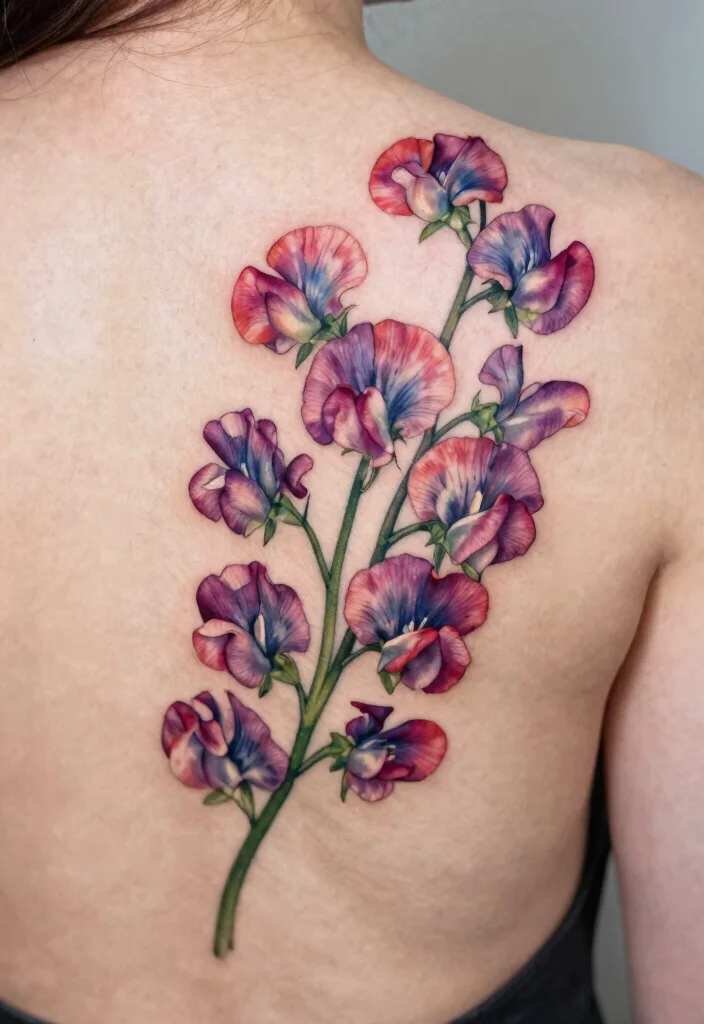 12 Daisy and Sweet Pea Birth Flower Tattoo Ideas Meaningful 10. Sweet Pea Bouquet on the Back 0