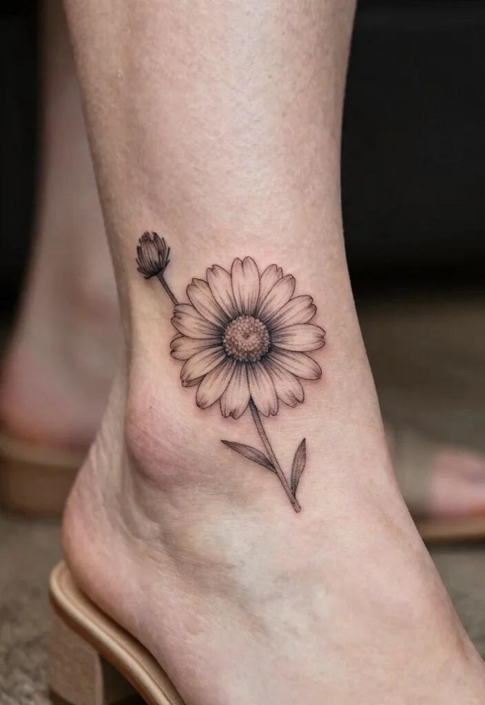 12 Daisy and Sweet Pea Birth Flower Tattoo Ideas Meaningful 11. Fine Line Daisy on the Ankle 0