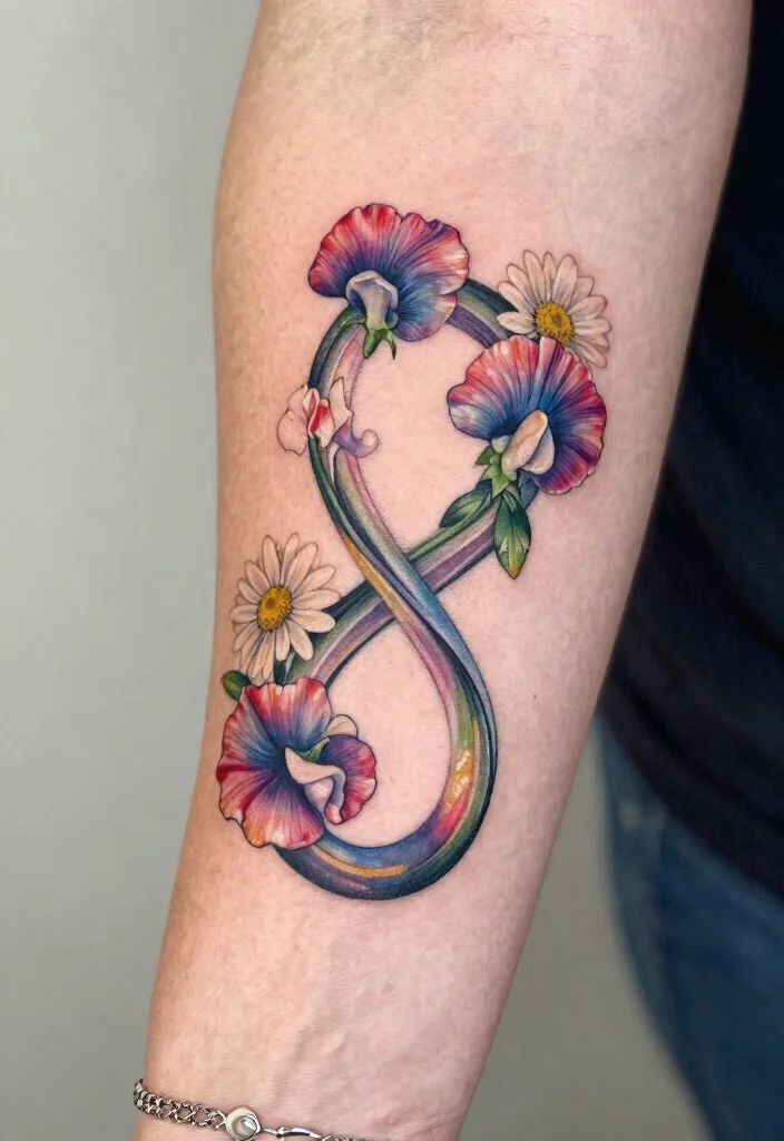 12 Daisy and Sweet Pea Birth Flower Tattoo Ideas Meaningful 12. Sweet Pea and Daisy Infinity Symbol 0
