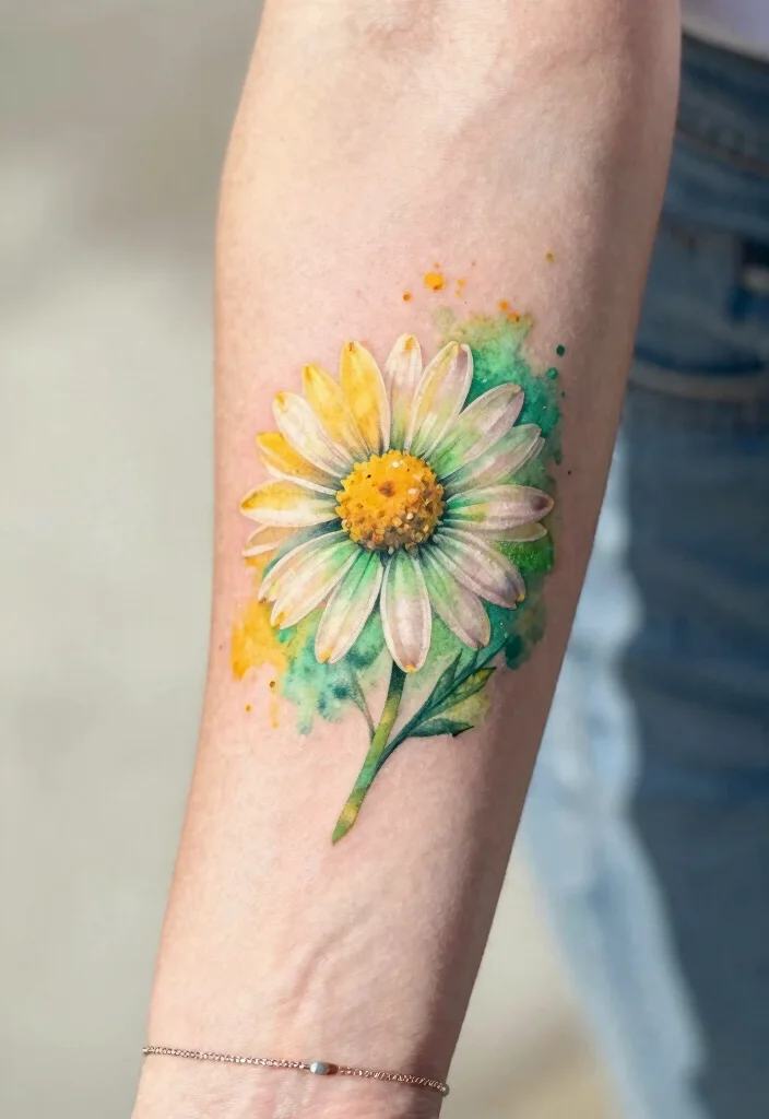 12 Daisy and Sweet Pea Birth Flower Tattoo Ideas Meaningful 2. Watercolor Daisy Tattoo 0