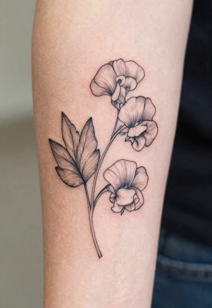 12 Daisy and Sweet Pea Birth Flower Tattoo Ideas Meaningful 3. Sweet Pea Line Art 0