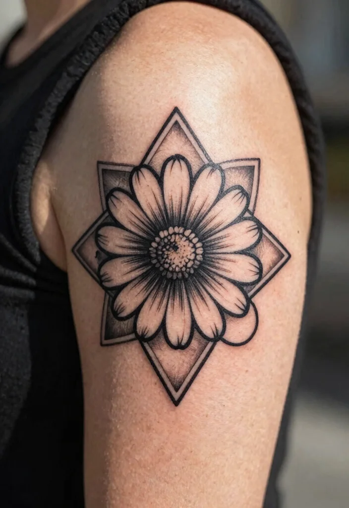 12 Daisy and Sweet Pea Birth Flower Tattoo Ideas Meaningful 5. Geometric Daisy 0
