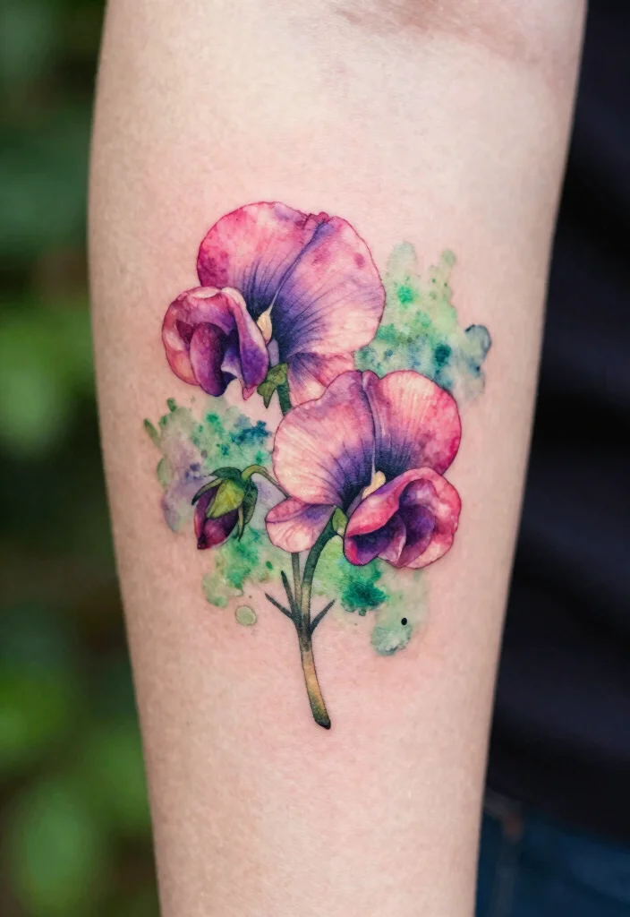 12 Daisy and Sweet Pea Birth Flower Tattoo Ideas Meaningful 8. Sweet Pea Watercolor Splash 0