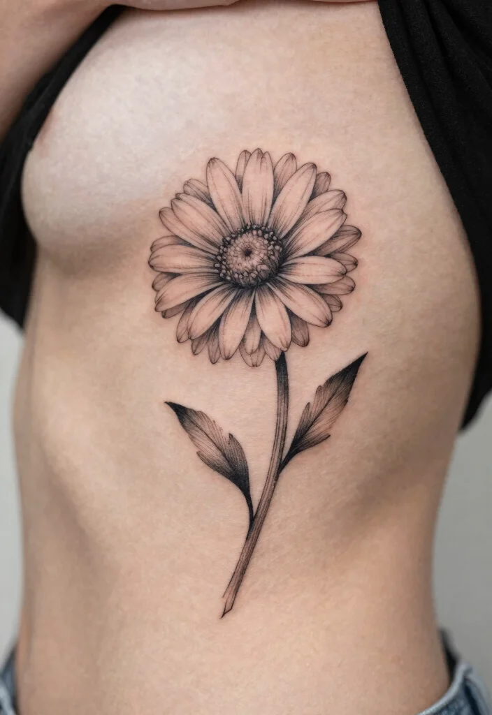12 Daisy and Sweet Pea Birth Flower Tattoo Ideas Meaningful 9. Delicate Daisy on the Rib 0