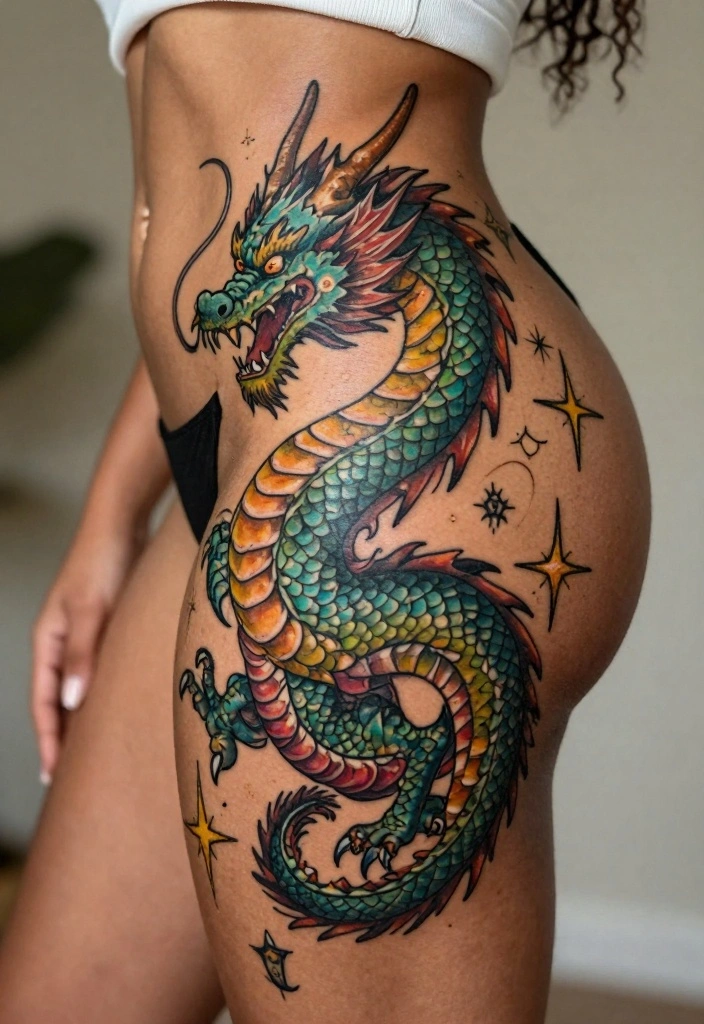 12 Dragon Hip Tattoo Ideas for Women: Sexy and Strong 111 12 Dragon Hip Tattoo Ideas for Women: Sexy and Strong - 11. Fantasy Dragon Tattoo 1