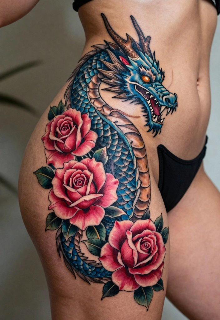 12 Dragon Hip Tattoo Ideas for Women: Sexy and Strong 12 12 Dragon Hip Tattoo Ideas for Women: Sexy and Strong - 2. Mystic Dragon in Floral Design 1