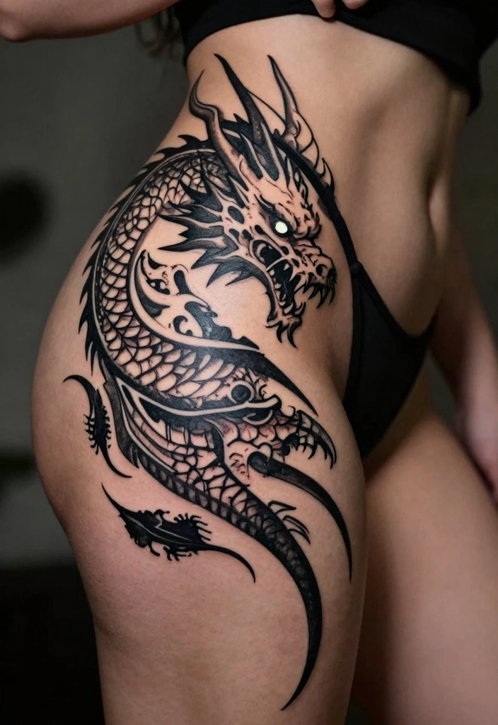 12 Dragon Hip Tattoo Ideas for Women: Sexy and Strong 23 12 Dragon Hip Tattoo Ideas for Women: Sexy and Strong - 3. Tribal Dragon Design 1