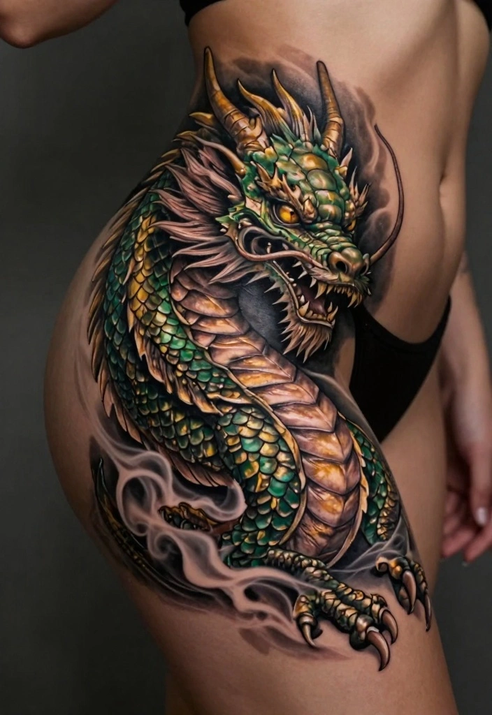 12 Dragon Hip Tattoo Ideas for Women: Sexy and Strong 45 12 Dragon Hip Tattoo Ideas for Women: Sexy and Strong - 5. Realistic Dragon Tattoo 1