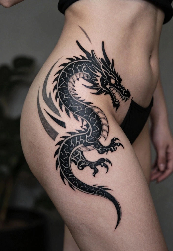 12 Dragon Hip Tattoo Ideas for Women: Sexy and Strong 56 12 Dragon Hip Tattoo Ideas for Women: Sexy and Strong - 6. Geometric Dragon Design 1