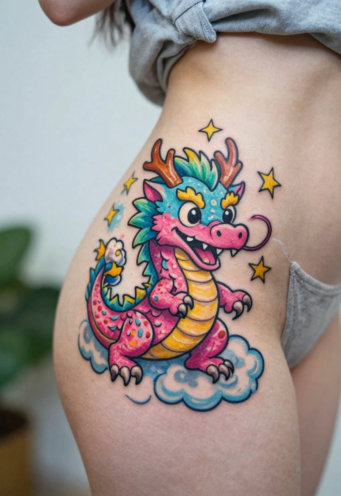 12 Dragon Hip Tattoo Ideas for Women: Sexy and Strong 67 12 Dragon Hip Tattoo Ideas for Women: Sexy and Strong - 7. Cartoonish Dragon Tattoo 1