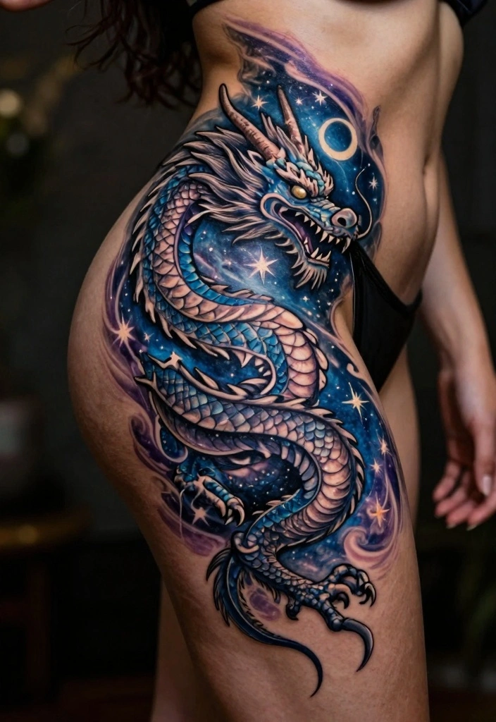 12 Dragon Hip Tattoo Ideas for Women: Sexy and Strong 78 12 Dragon Hip Tattoo Ideas for Women: Sexy and Strong - 8. Celestial Dragon Tattoo 1