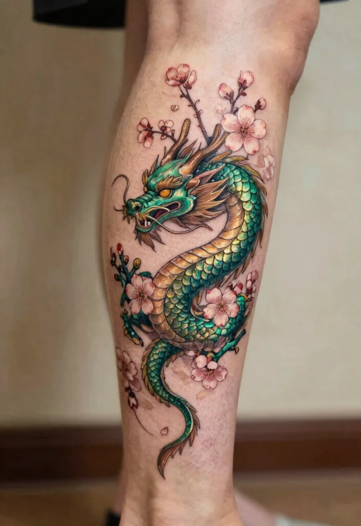 12 Dragon Leg Tattoo Ideas for Women: Fierce and Stylish 1 12 Dragon Leg Tattoo Ideas for Women: Fierce and Stylish - 1. Whimsical Floral Dragon 1