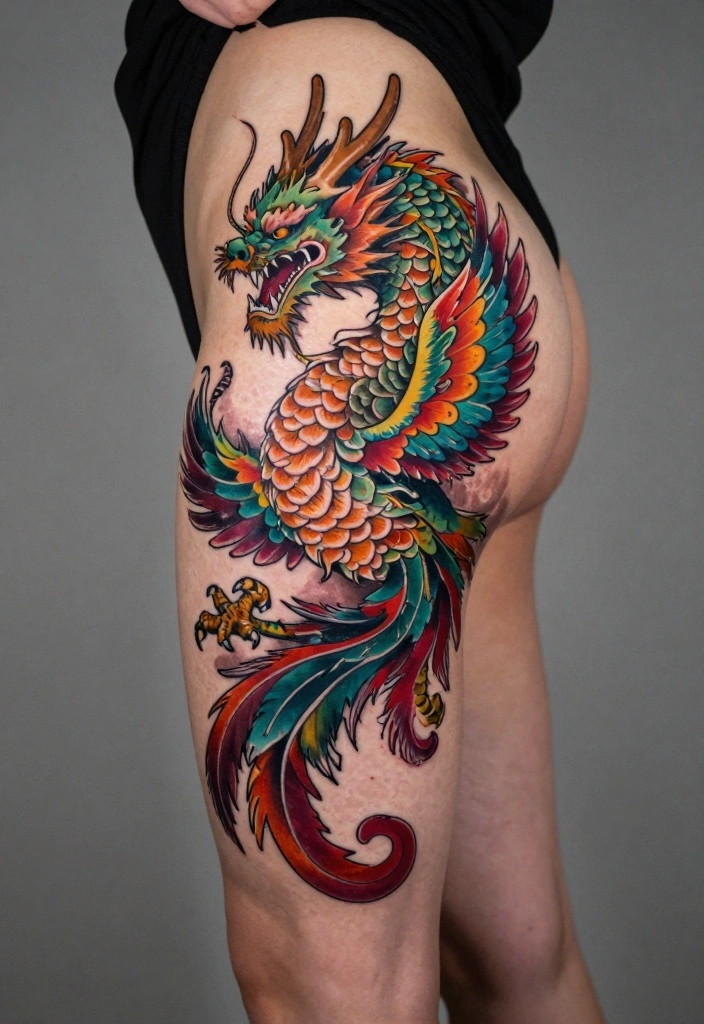 12 Dragon Leg Tattoo Ideas for Women: Fierce and Stylish 100 12 Dragon Leg Tattoo Ideas for Women: Fierce and Stylish - 10. Dragon and Phoenix Duet 1
