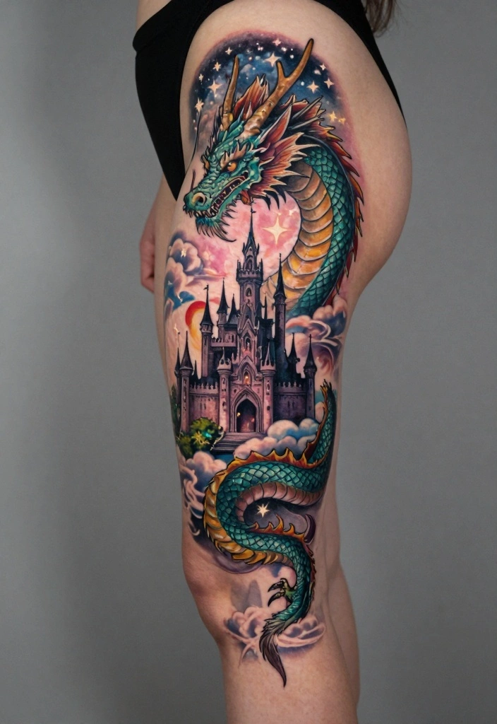 12 Dragon Leg Tattoo Ideas for Women: Fierce and Stylish 122 12 Dragon Leg Tattoo Ideas for Women: Fierce and Stylish - 12. Fantasy Dragon Scene 1