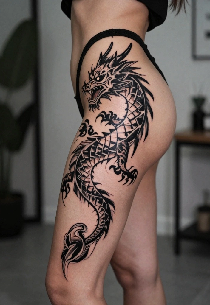 12 Dragon Leg Tattoo Ideas for Women: Fierce and Stylish 12 12 Dragon Leg Tattoo Ideas for Women: Fierce and Stylish - 2. Bold Geometric Dragon 1