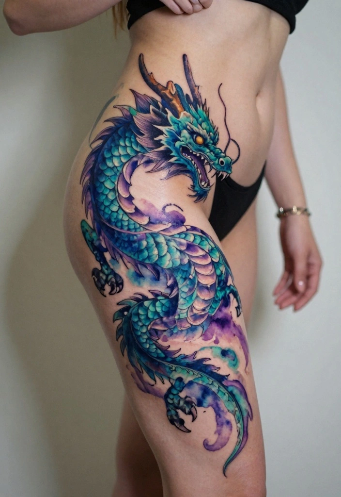 12 Dragon Leg Tattoo Ideas for Women: Fierce and Stylish 23 12 Dragon Leg Tattoo Ideas for Women: Fierce and Stylish - 3. Majestic Watercolor Dragon 1