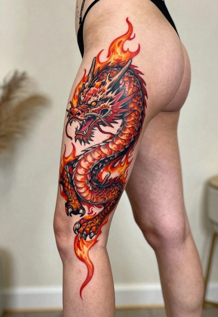 12 Dragon Leg Tattoo Ideas for Women: Fierce and Stylish 34 12 Dragon Leg Tattoo Ideas for Women: Fierce and Stylish - 4. Fierce Dragon with Flames 1