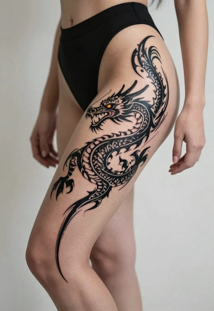 12 Dragon Leg Tattoo Ideas for Women: Fierce and Stylish 56 12 Dragon Leg Tattoo Ideas for Women: Fierce and Stylish - 6. Tribal Dragon Design 1